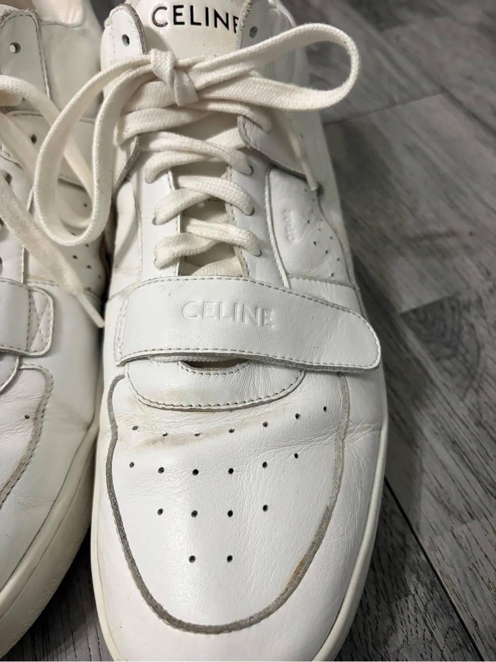 Celine CT-02 Mid Top White Leather Sneakers with Strap
